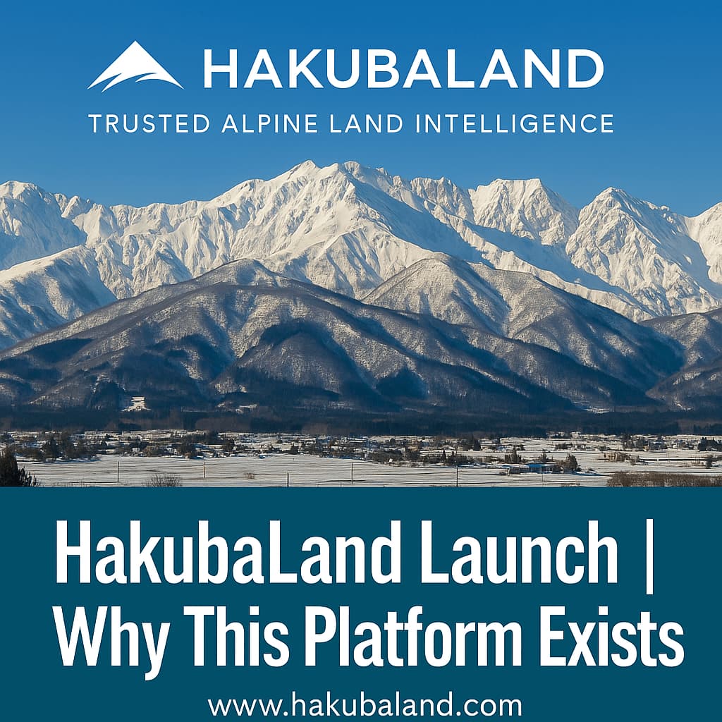 HakubaLand platform launch banner with Japanese Alps and alpine investment tagline