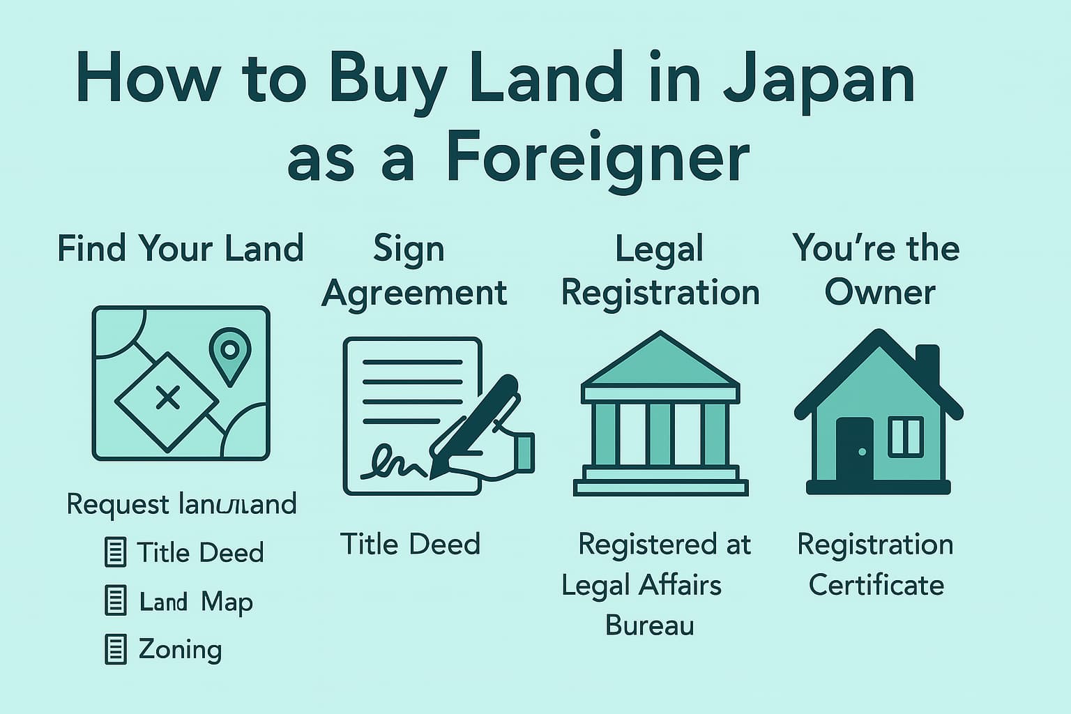 How to Buy Land in Japan as a Foreigner: A Complete Guide (Hakuba Edition) | Hakuba Land 4-step visual guide showing how foreigners can buy land in Japan: find land, sign agreement, legal registration, and become owner