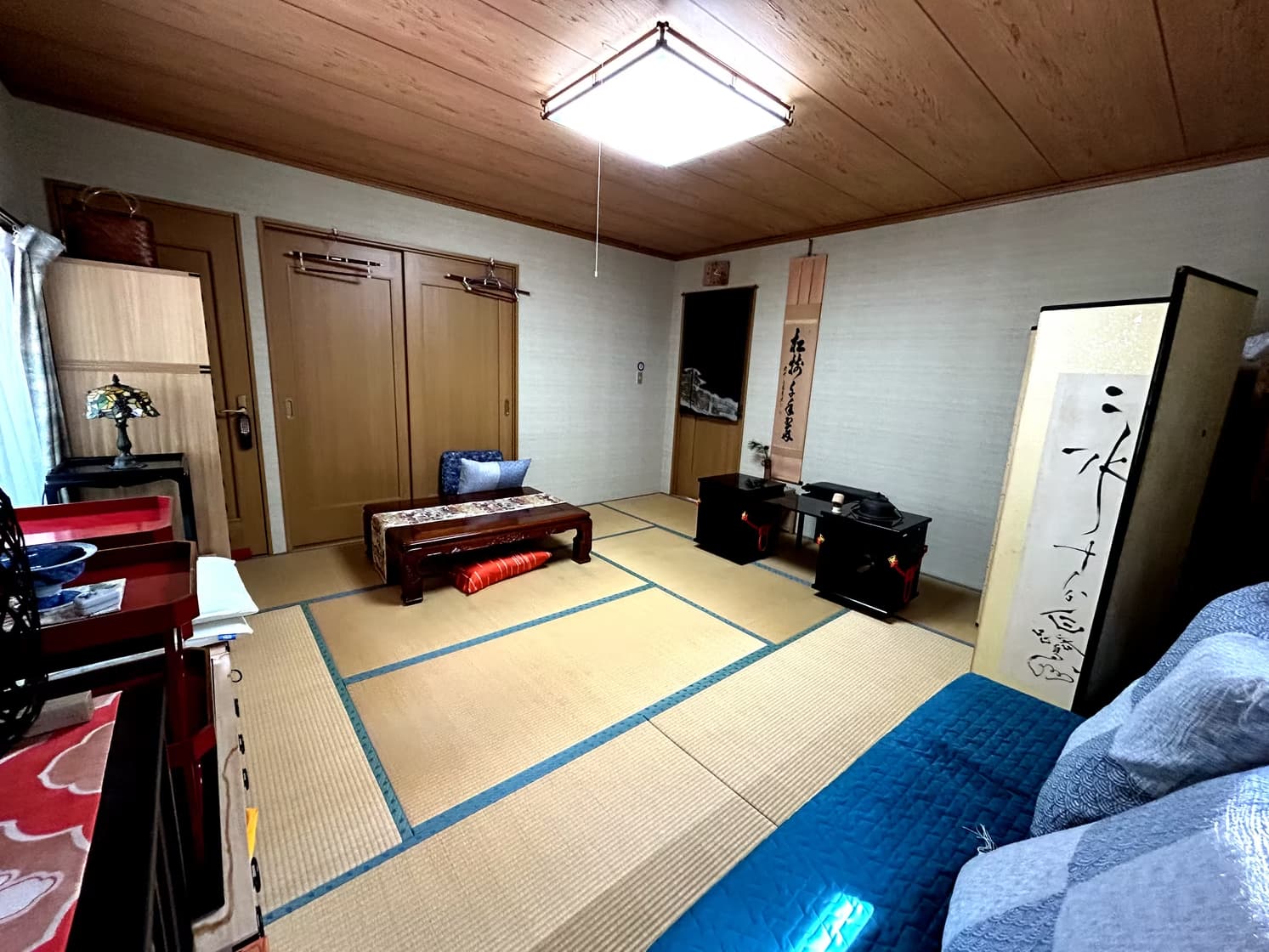 Traditional tatami room with futon and low table