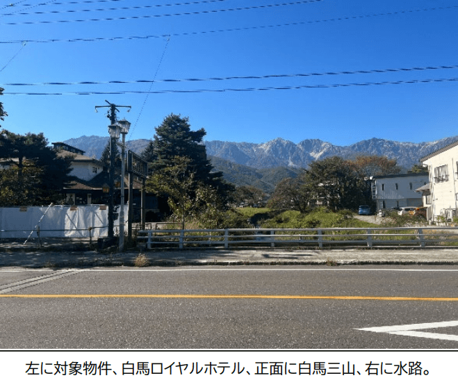 Snow mountain view from onsen development site in Hakuba, Japan