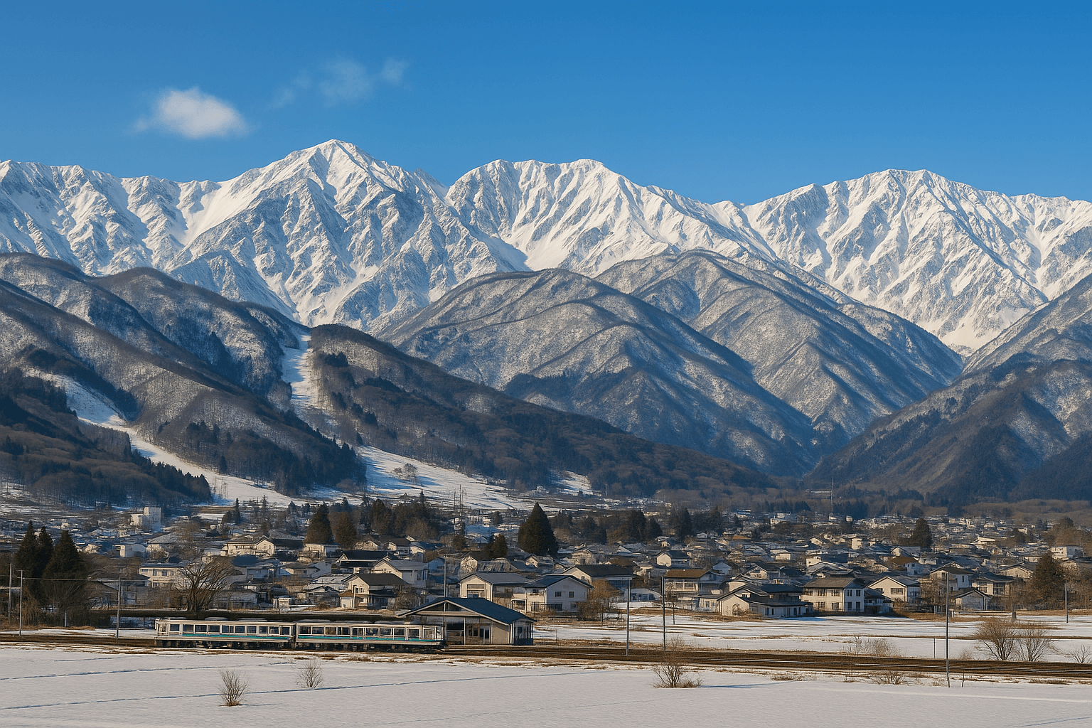 A Window into Hakuba’s Future: Why We Built This Platform | Hakuba Land Winter view of Hakuba Village and the Northern Alps, seen from a snow-covered field