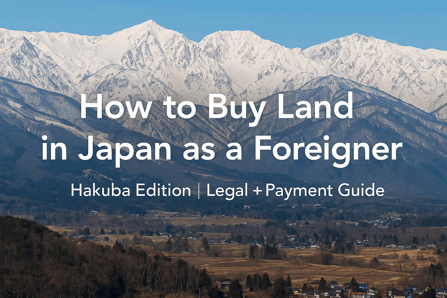Featured image showing the Japanese Alps in Hakuba with guide title overlay: How to Buy Land in Japan as a Foreigner