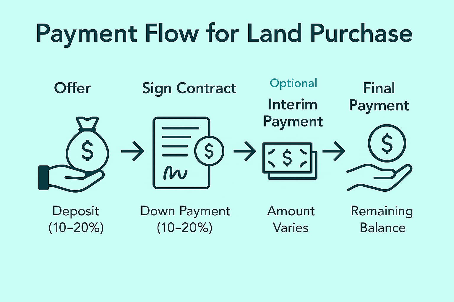 How to Buy Land in Japan as a Foreigner: A Complete Guide (Hakuba Edition) | Hakuba Land 4-step payment flow for land purchases in Japan, showing deposit, contract, optional interim payment, and final payment